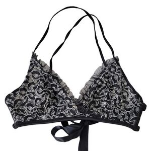 Victoria's Secret Black Lace Demi Unlined Bra 34C Strappy‎ Back Tie Back White